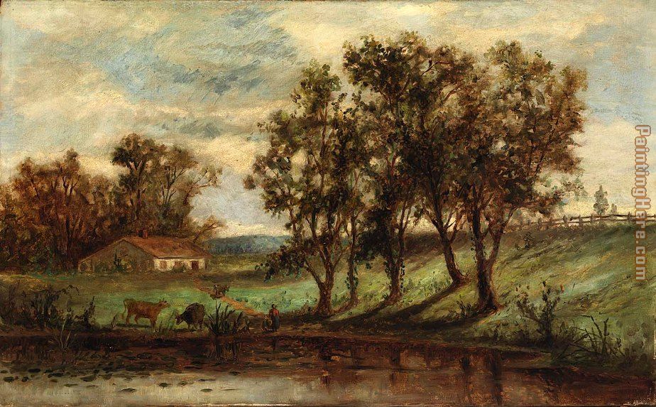man with cows grazing near pond with house and trees in background painting - Edward Mitchell Bannister man with cows grazing near pond with house and trees in background art painting